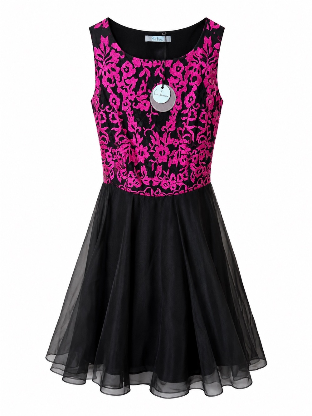 Flocked Floral Fit & Flare Dress in Hot Pink and Black